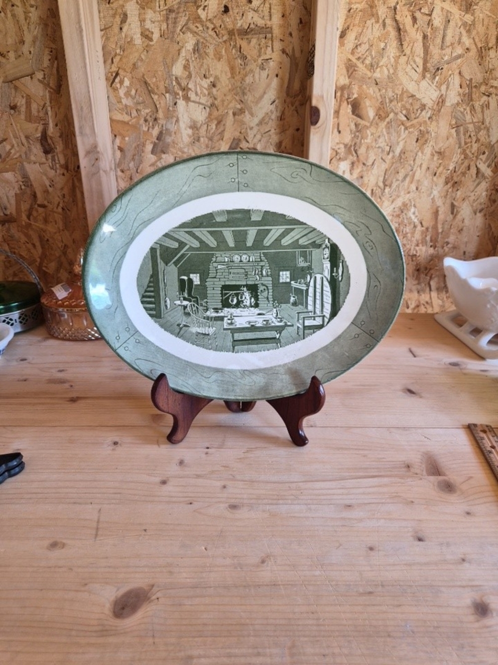 Vintage COLONIAL HOMESTEAD Royal China Oval Platter Green 13 inch Fireplace